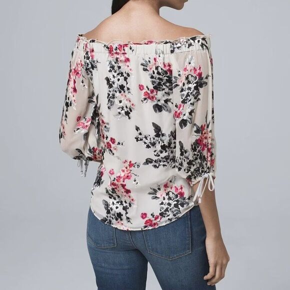 White House Black Market Blouse XS Off Shoulder Silk Blend Floral Textured Top - Picture 1 of 15